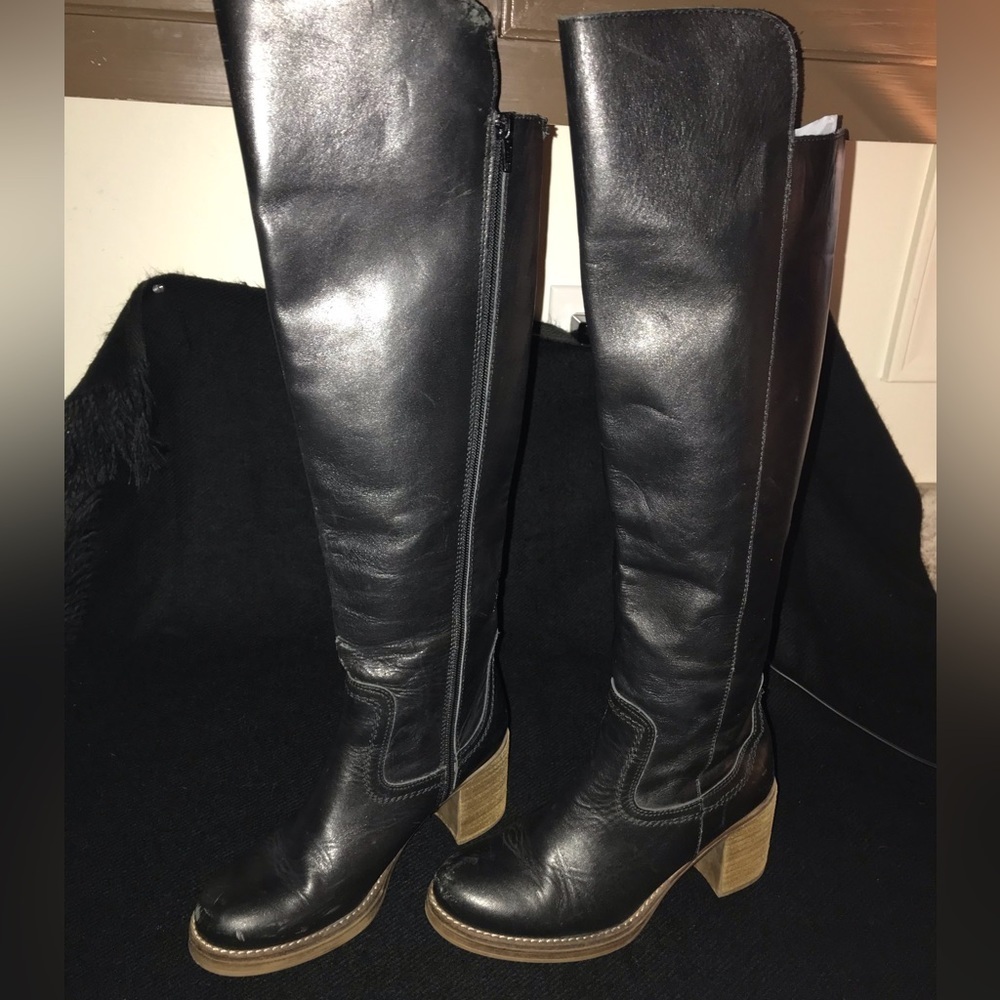 MTNG Brooke Rustico Black Leather Knee High Boots Side Zip Made in Spain Size 38